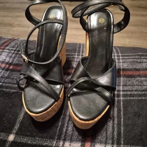 SHEIN Black Cork Platform Wedge Sandals with Ankle Strap